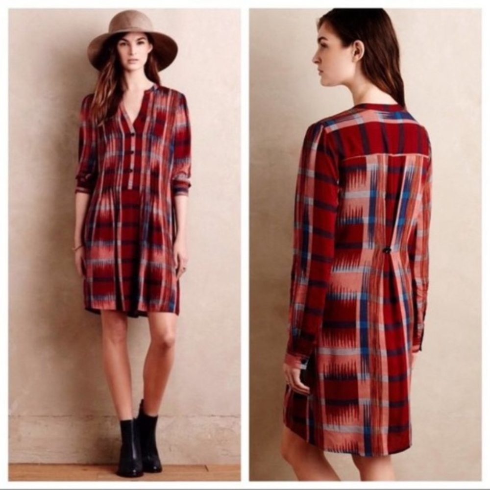 Anthropologie Tylho XS Red Plaid Tunic Long Sleeve